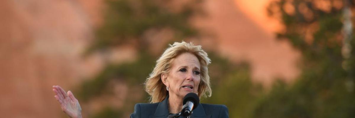 First lady Jill Biden speaks during a live radio address to the Navajo Nation at the Window Rock Navajo Tribal Park & Veterans Memorial in Window Rock, Ariz., on Thursday, April 22, 2021.(Mandel Ngan/Pool via AP)