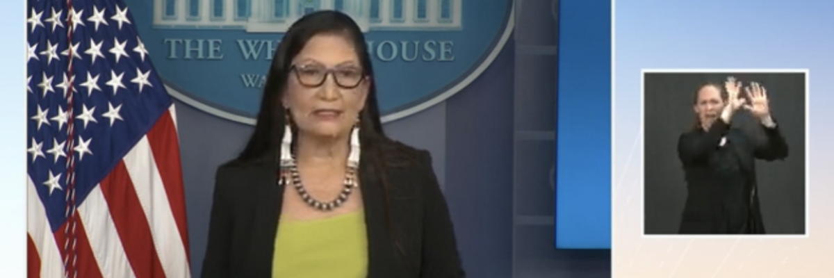 Secretary of the Interior Deb Haaland, Laguna Pueblo, speaks during a press briefing at the White House on April 23, 2021. 