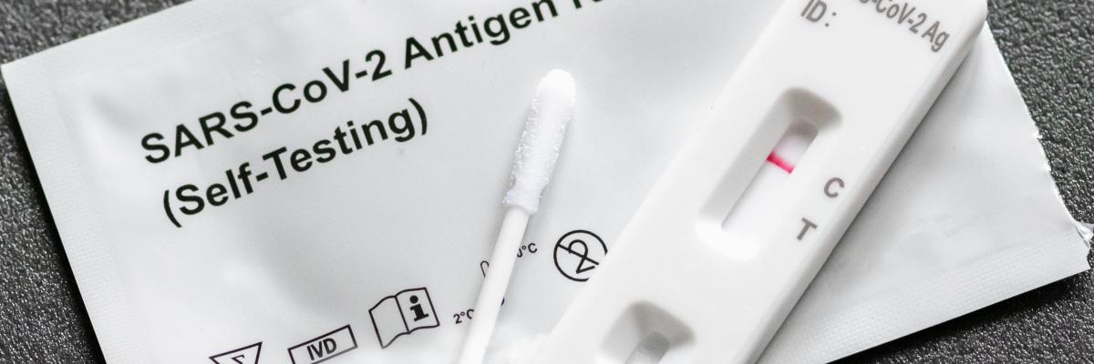 Negative Covid-19 antigen test kit, one step coronavirus antigen rapid test, saliva swab, 1 test box with imagine of lungs, close up By Michele Ursi