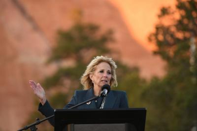 First lady Jill Biden speaks during a live radio address to the Navajo Nation at the Window Rock Navajo Tribal Park & Veterans Memorial in Window Rock, Ariz., on Thursday, April 22, 2021.(Mandel Ngan/Pool via AP)