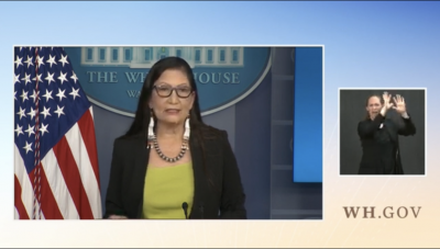 Secretary of the Interior Deb Haaland, Laguna Pueblo, speaks during a press briefing at the White House on April 23, 2021. 