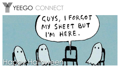 'Guys, I forgot my sheet but I'm here,' says a ghost to his three ghost friends seated in chairs.