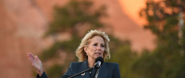 First lady Jill Biden speaks during a live radio address to the Navajo Nation at the Window Rock Navajo Tribal Park & Veterans Memorial in Window Rock, Ariz., on Thursday, April 22, 2021.(Mandel Ngan/Pool via AP)