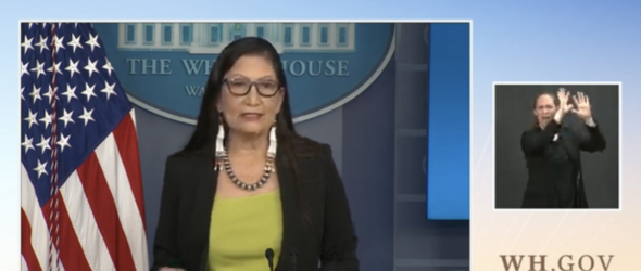 Secretary of the Interior Deb Haaland, Laguna Pueblo, speaks during a press briefing at the White House on April 23, 2021. 