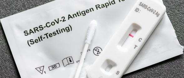 Negative Covid-19 antigen test kit, one step coronavirus antigen rapid test, saliva swab, 1 test box with imagine of lungs, close up By Michele Ursi